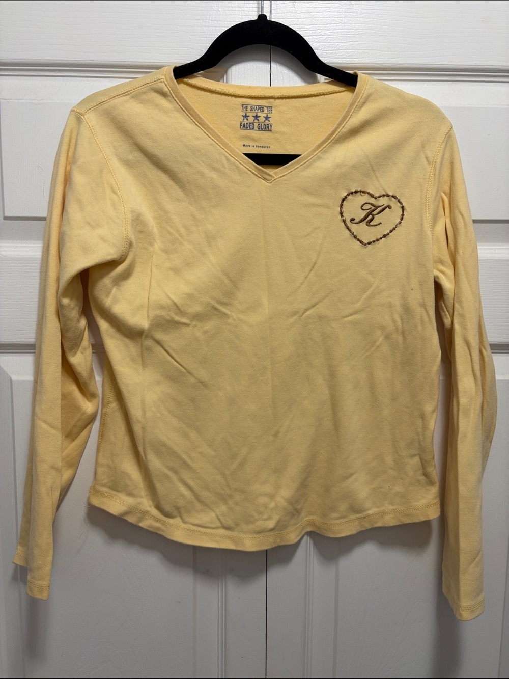 Faded Glory Pale Yellow Long-Sleeve V-Neck Top with Heart K Embroidery